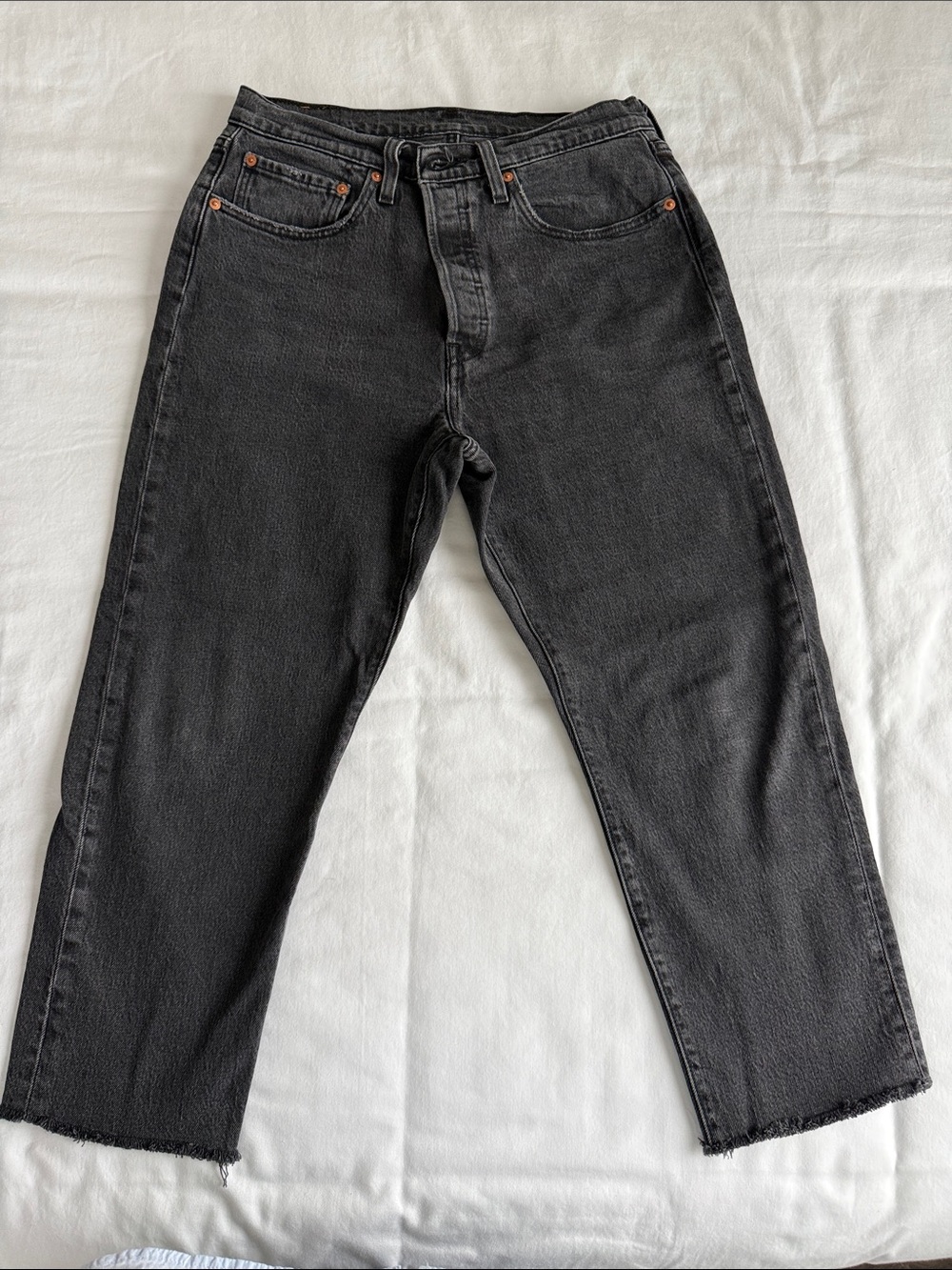 Levi’s Women 501  Black Jeans sz W30 L 26 on tag but cropped to 23” inseam